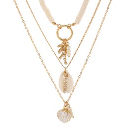 Asphinien Bohemian Surfer Heishi Bead Layered Choker Necklace with Shell Conch Sea Turtle Charm Pendant Hawaii Holiday Beach Wedding Starfish Long Necklaces Set for Women (Gold B)