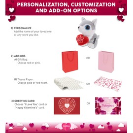 DolliBu I Love You Plush Sparkling Big Eye Wolf - Cute Stuffed Animal with Heart and with Name Personalization for Valentine, Anniversary, Romantic Date - 6"