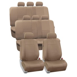 FH Group Car Seat Covers PU Leather 3 Row 8 Seater Car Seat Covers, Airbag Compatible and Split Bench - Fit Most Car, Truck, SUV, & Van (Solid Tan)
