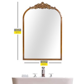 FUIN Grand Arched Wall Mirror - Gold Traditional Vintage Ornate Baroque Mirror, Antique Brass Frame, 36" x 24" Wall-Mounted Decorative Mirror for Entryway, Fireplace, Living Room, Hallway, or Bathroom