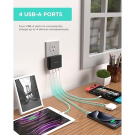 Cargador de Pared USB Slim iHome: Cargador USB Multipuerto AC Pro, Adaptador de Enchufe USB y Bloque de Carga para Teléfono, 4 Enchufes USB para Tomac