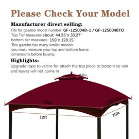 SCOCANOPY Replacement Top for Lowe's Allen Roth 10X12 Gazebo Model #GF-12S004B-1/#GF-12S004BTO,Burgundy