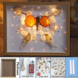 8.5x11 Seashell Wooden Shadow Box as, Frame Display Box with Fairy Light and Pearl, DIY Photo Frame Night Light Kit, Sleeping Light, Decorative Accent (Butterfly)
