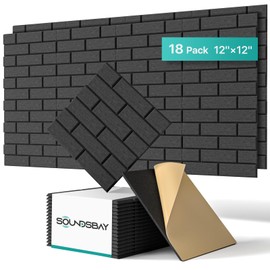 Soundproof Wall Panels Self-adhesive, Acoustic Panels 18 Pack Brick Wall Panels, High Density Sound Absorbing Panel for Walls, Office,Reccording Studio, Ceiling 12" X 12" X 0.4" Black