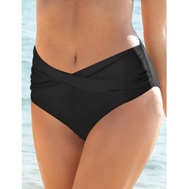 Vivola Women's Twist Bikini Bottom Moderate High Cut Swimsuit Bottom Full Coverage Cross Ribbed V Cut Ruched Ruffles Bathing Suit Bottoms Black