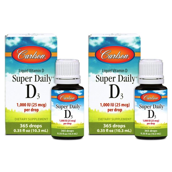 Carlson - Super Daily D3, 1000 IU (25 mcg) per Drop, Heart & Immune Health, Liquid Vitamin D3, Unflavored, 365 Drops (2 Pack)