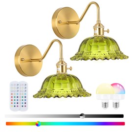 Rnzziw Vintage Battery Operated Wall Sconce Set of 2, Wireless Wall Sconces with Green Ripple Glass Lampshade Rechargeable,Wall Lights with 12 Colors RGB for Bedroom, Living Room (Rose-Green)
