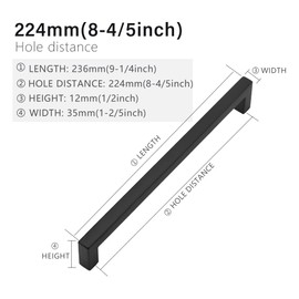Redunest Cabinet Pulls Matte Black Cabinet Handles Square Drawer Pulls, 2 Pack 8-4/5 Inch Stainless Steel Kitchen Door Cupboard Cabinet Handles, Drawer Hardware Handles, 224mm Hole Centers