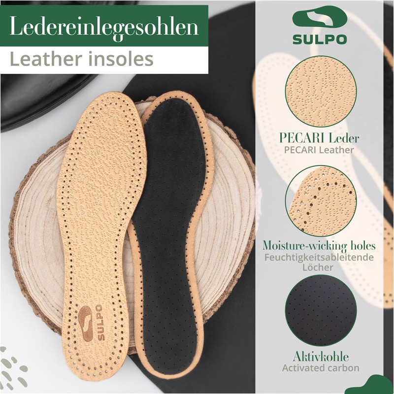SULPO 3 Pairs Premium Leather Activated Carbon Insoles, Odour Absorber,