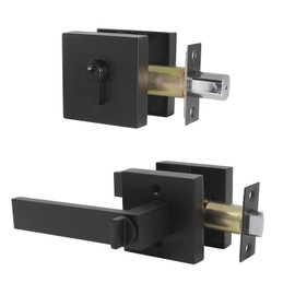 Probrico Square Entrance Lever with Double Cylinder Deadbolt Set Keyed Alike Combo Pack(for Office and Front Door), Heavy Duty Flat Black Entry Door Lockset for Right and Left Side, 1 Pack