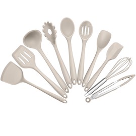 TeamFar Kitchen Cooking Utensils, 10 pcs Silicone Cooking Utensils Set, 446°F Heat Resistant Kitchen Gadgets Tools Set w/Spatula, Turners, Spoons, Soup Ladle, Pasta Server for Nonstick Cookware, Khaki