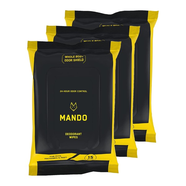 Mando Deodorant Wipes - 24 Hour Odor Control - Aluminum Free, Baking Soda Free, Skin Safe - 15 Count (Pack of 3)