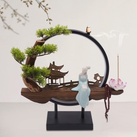 Black Backflow Incense Holder with LED Light, Ceramic Backflow Incense Burner Perfect for Relaxing, Home Decor, Living Room, Study Room, Office