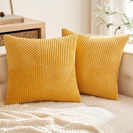 ANRODUO Pack of 2 Mustard Yellow Corduroy Pillow Covers 18x18 Inch Boho Decorative Spliced Throw Pillow Covers Soft Couch Pillowcases Diagonal Patchwork Textured Cushion Covers for Sofa Living Room