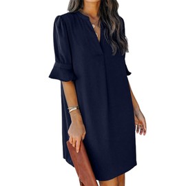 QACOHU Summer Dresses for Women 2025 Loose Ruffle Short Sleeve V-Neck Mini Shift Dress Blue XL