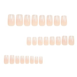 Foccna 24 Pcs Press on Nails Acrylic Square Fake Nails Nude with Design Full Cover Bling False Nails for Women Reusable Nail Kit Adhesive Tabs Nail File
