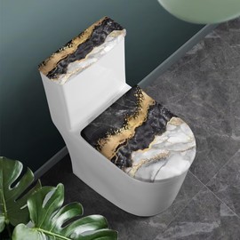 Qznuberone Toilet Lid Covers for Bathroom,Machine Washable Toilet Seat Cover Anti-slip Elastic Edge,Black White Gold Marble Toilet Lid Dust Pad and Toilet Tank Lid Pad