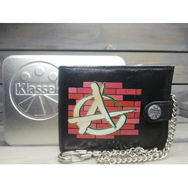 Klassek Anarchy Symbol Wall Chaos Revolution Mens Wallet with Chain Real Leather RFID Blocking with Coin Pocket and Metal Gift Box