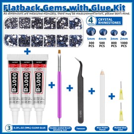 Glarks B7000 Jewelry Adhesive Glue with Rhinestone Gems Kit, 2600Pcs Ink Blue Rhinestones with Gems Adhesive Flat Back Gems Crystal Rhinestones with 6Pcs Dotting Tools for Craft, Nail Art