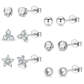 Silver Stud Earrings for Women Girls, 6 Pairs S925 Sterling Silver Small Stud Earrings Flower CZ Ball Pearl Studs Earrings Set Cubic Zirconia Studs Sleeper Earring Jewelry Gift for Teens Kids