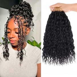9 Packs 10 Inch Natural Black Senegalese Twist Crochet Hair with Curly Ends Boho Island Twist Crochet Braids Pre-Looped Goddess Twist Crochet Hair for Black Women Braiding Hair Extensions 1B#