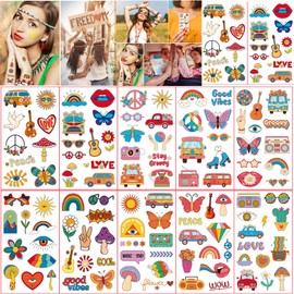 Hippie Tattoos Pack of 20, Floral Pattern, Children's Face, Carnival, Flower Power Tattoos Temporary for Adults & Children - Colourful Hippie Accessories for Party, Festival, Tattoo Wedding & Theme