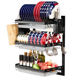 Virgorack 3 Tier Large Wall Mounted Dish Drainer, Stainless Steel Dish Rack, Dish Drying Rack for Kitchen with Utensil Organizer (Black)