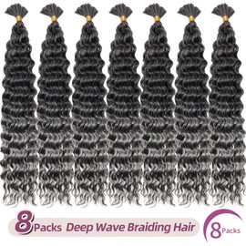 Braiding Hair for Boho Braids 8 Packs Chocolate Brown Deep Wave Crochet Hair for Women Bohemian Wet and Wavy Bulk Hair Extensions Synthetic Micro Braiding Hair T-Grey 18 Inch