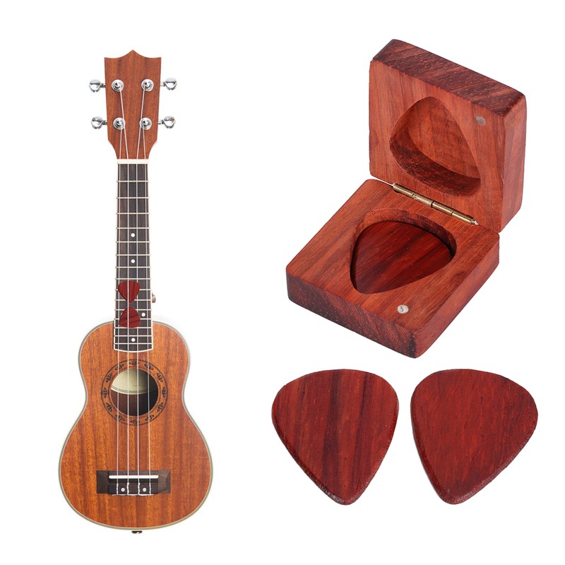 Guitar Pick Wooden Box with 2Pcs Red Rosewood Picks Musical