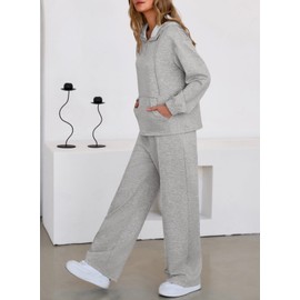 Aleumdr 2 Piece Sweat Suits for Women Casual Long Sleeve Half Zip Top Kangaroo Pocket and High Waisted Athletic Pants Two Piece Lounge Sets Light Grey Large