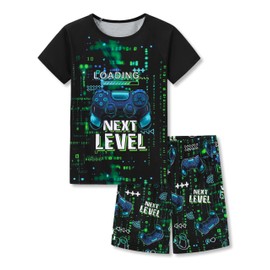 Tebbis Boys' Pajamas Set Game Controller Print Short Sleeves 2-Piece PJs Black & Green Sleepwear for Kids Size 10