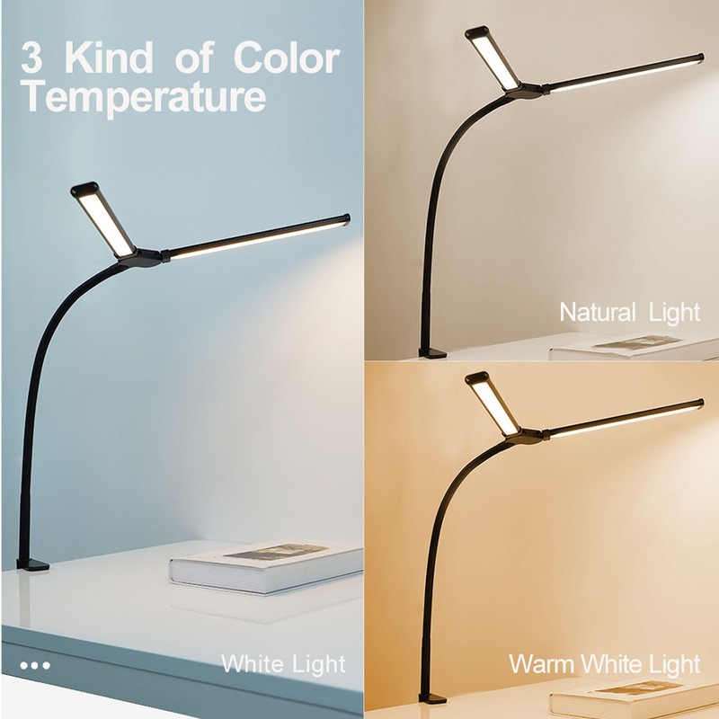 Double Head LED Desk Lamp 3 Colors Stepless Dimmable Flexible
