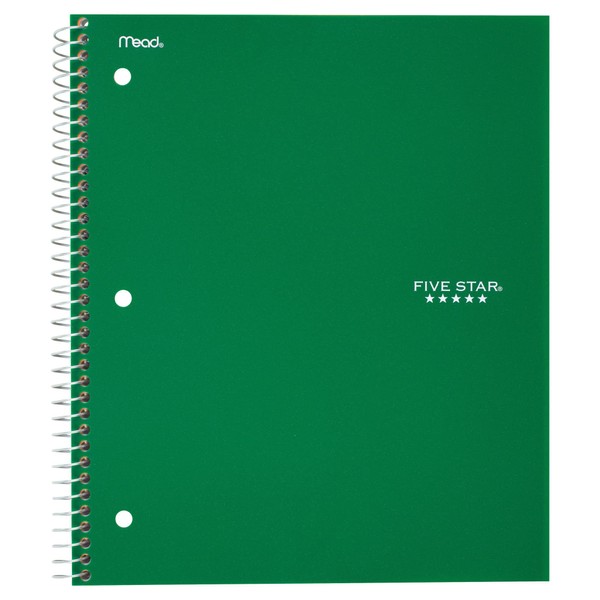 Five Star Spiral Notebook, 1 Subject, College Ruled Paper, 100 Sheets, 11" x 8-1/2", School, Wired, Green (72055)