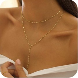 Lariat Gold Necklace for Women Gold Dainty Long Layered Y Necklaces Beaded Chain Necklace Simple Trendy Jewelry Gift for Women-GoldC