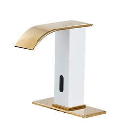 Automatic Touchless Faucet Bathroom White& Gold Waterfall Electronic Motion Sensor Faucet Hands Free Tap with Control Box and Temperature Mixing Valve Lavatory Vanity Sink Faucet AC/DC Power Basin Tap