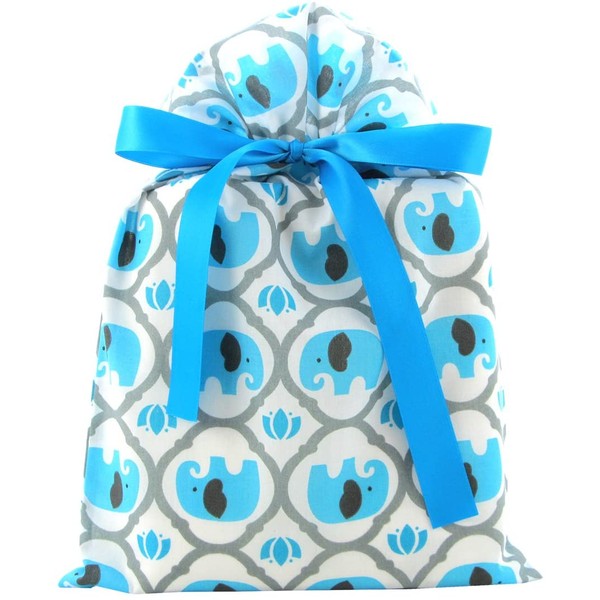Elephants Reusable Fabric Gift Bag for Baby Shower, Child’s Birthday, or Any Occasion (Standard 10 Inches Wide by 15 Inches High, Turquoise Blue)
