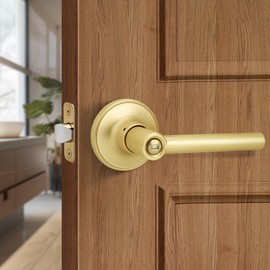Gaurqiah Brushed Gold Privacy Door Handle, Round Design Keyless Door Lever with Lock, Reversible Door Lever for Bathroom Bedroom, Satin Brass