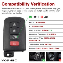 Vornec Car Key Fob Replacement for Toyota Highlander (2014–2019) – Smart Remote with FCC ID HYQ14FBA – OEM P/Ns 89904-0E121, 89904-0E120 – Uncut Emergency Key Included