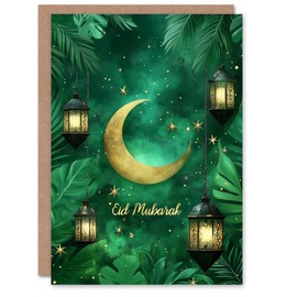 Artery8 Eid Mubarak Greeting Card Green Gold Crescent Moon and Lanterns Blank For Him Or Her Art Eid al-Fitr Card