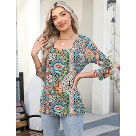 LOMON Womens Tops 3/4 Length Sleeve Shirts Summer Casual Dressy Blouse Loose Fit Basic Tee (Ethnic Print,L)