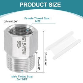 sourcing map Pipe Fitting Reducing Adapter, 3/4" NPT Male x M22 Female 304 Stainless Steel Reducer Connector for Water Oil Air Pressure Gauge, Silver