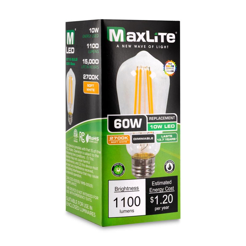 Maxlite F10ST19DLED927/JA81 10W ST19 Dimmable LED Bulb Enclosed Clear Filament,