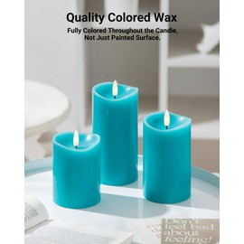 Velsyn Teal Decor Flameless Candles with Remote Timer, Real Wax Made LED Pillar Candles Battery Operated with 3D Flickering Flame, Teal Bathroom Accessories, Turquoise Set of 3 (3" x 4",5",6")