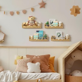 Pinkunn 4 Pcs Scalloped Rattan Wall Shelves Boho Floating Rattan Scalloped Book Shelf Decorative Wall Mounted Bookshelf for Kids Nursery, 15.75 x 3.94 Inch