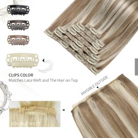 Moresoo Brown Hair Extensions Clip in Human Hair Light Brown with Platinum Blonde Highlight Clip in Hair Extensions 16 Inch Clip in Extensions 7 Pieces/120g #9A/60