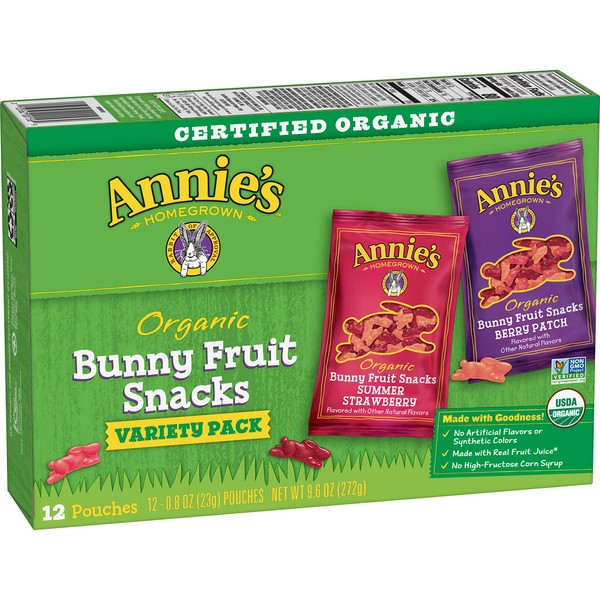 Annie's Homegrown Organic Bunny Fruit Snacks, Variety Pack, 12 Pouches, 9.6 oz Box
