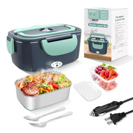 HOLDRUBY Electric Heated Lunch Boxes Adults: 80W Electric Lunch Box Food Heated 12/24/110V 1.5L Heatable Lunch Box for Car/Truck/Office Leak-Proof Stainless Steel Container, Fork & Spoon, Bag (Grey+Green)