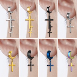 INFINIONLY Men's Stainless Steel Earrings Creative Cross Hoop Earrings and Ear Clips for Women Teenagers Fashion Cross Earrings and Clip On Earrings, 5 Pairs, Stainless Steel