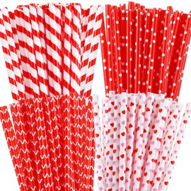 Uiifan 100 Pcs Red and White Striped Straws Plastic Drinking Straw 9 Inch 4 Styles Valentine Plastic Straws Reusable Hard Straws for Mother's Day Bridal Shower Party Favors Wedding Supplies