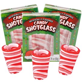 Red and White Edible Candy Cane Shot Glasses for Parties and Party Favors, Bar Supplies, Pack of 3, Holds 1.76 Ounces